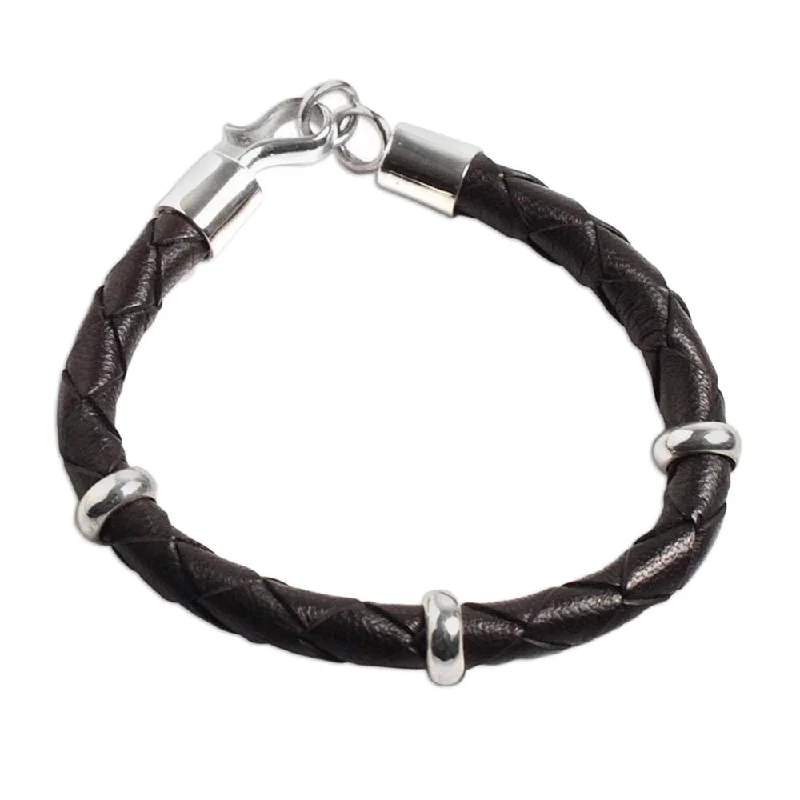 trendy cuff bangles with charms for women-Handmade Bold Black Leather Sterling Silver Bracelet (Peru)