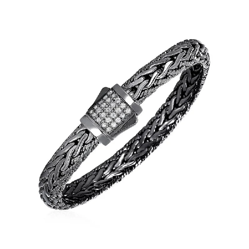 trendy silver bangles for women-Wide Woven Bracelet with White Sapphires and Black Finish in Sterling Silver