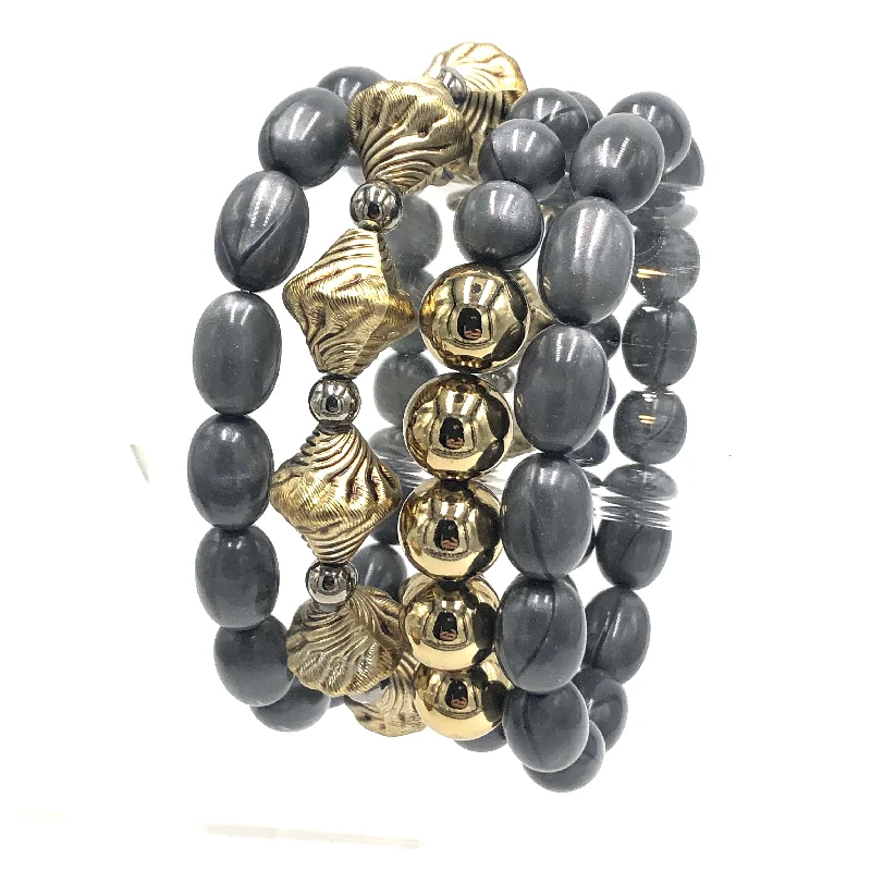 stackable cuff bracelets for women-Charcoal Aura & Pewter Stack and Stretch Bracelets Set