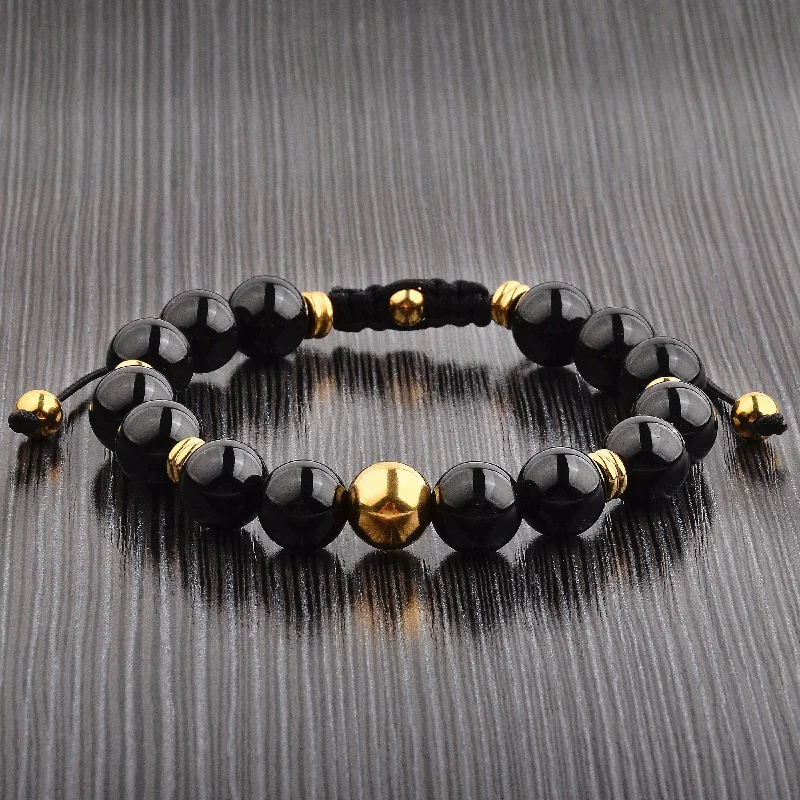 vintage bangles for women-Men's Onyx Stone Gold Plated Steel Adjustable Bracelet (10mm)