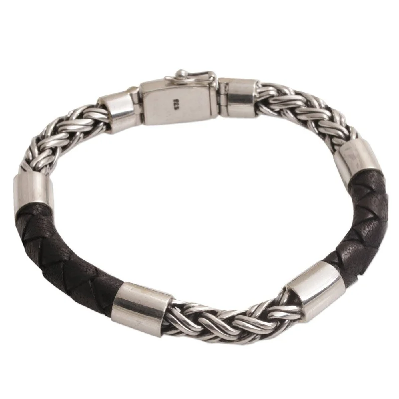 leather charm bracelets for women-Handmade Men's Leather Sterling Silver One Strength Bracelet (Indonesia)