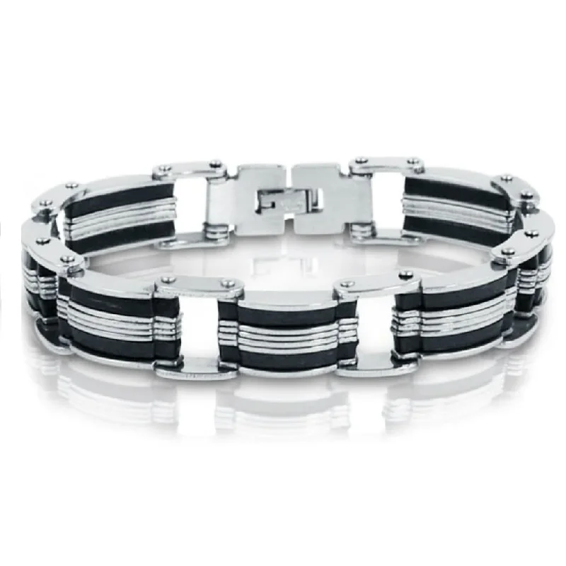 diamond bangles for women-Oxford Ivy Stainless Steel with Black Rubber Mens Chain Link Bracelet 8 inches