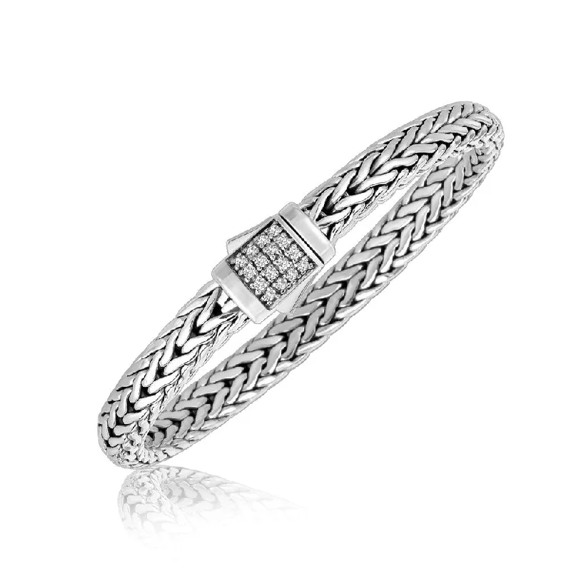 intricate gold bracelets for women-Sterling Silver Braided Style Men's Bracelet with White Sapphire Stones