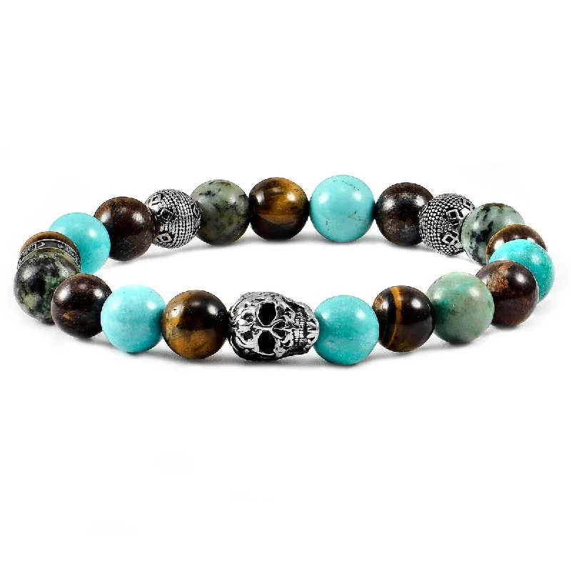 designer bangles for women-Stainless Steel Skull Natural Stone Beaded Stretch Bracelet (10mm)