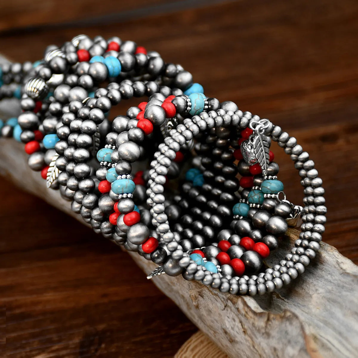 luxurious bangles for women-Ethnic Style Round Turquoise Beaded Bracelets