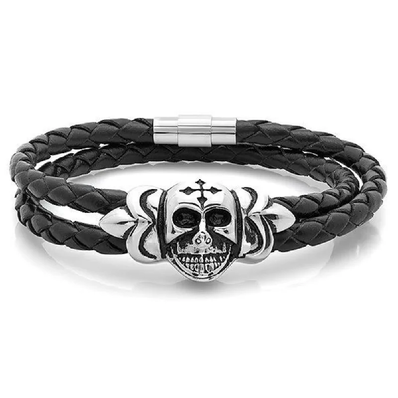 braided gold bracelets for women-Oxford Ivy Braided Black Leather Wrap Around Steel Skull with Cross Bracelet