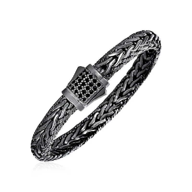 double cuff bracelets for women-Wide Woven Bracelet with Black Sapphires and Black Finish in Sterling Silver