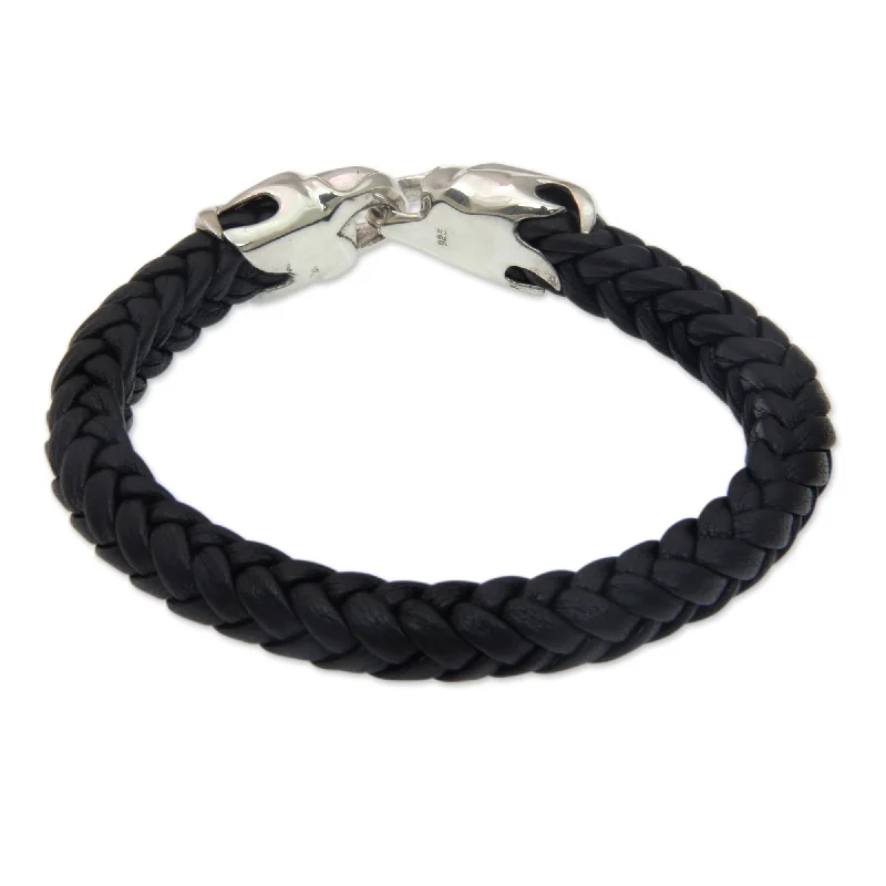 radiant charm bracelets for women-Handmade Men's Leather Sterling Silver 'Tribal Strength' Bracelet (Indonesia)