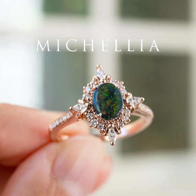 elegant engagement rings with diamond side stones-[Alessandra] Art Deco Oval Australian Black Opal Engagement Ring, 14K Rose Gold - One of A Kind & Ready-to-Ship