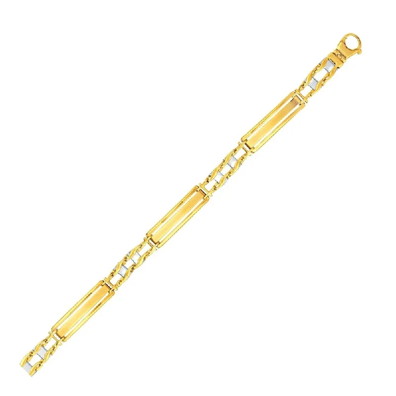 chic charm bracelets for women-14k Two-Tone Gold Fancy Bar Style Men's Bracelet with Curved Connectors