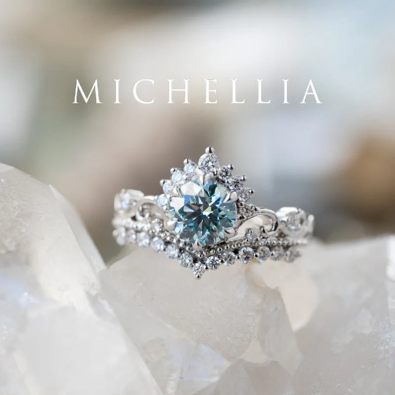 dazzling diamond engagement rings for women-[Theia] IGI Certified Sky Blue Diamond Heirloom Crown Engagement Ring, 18K White Gold - One of A Kind & Ready-to-Ship