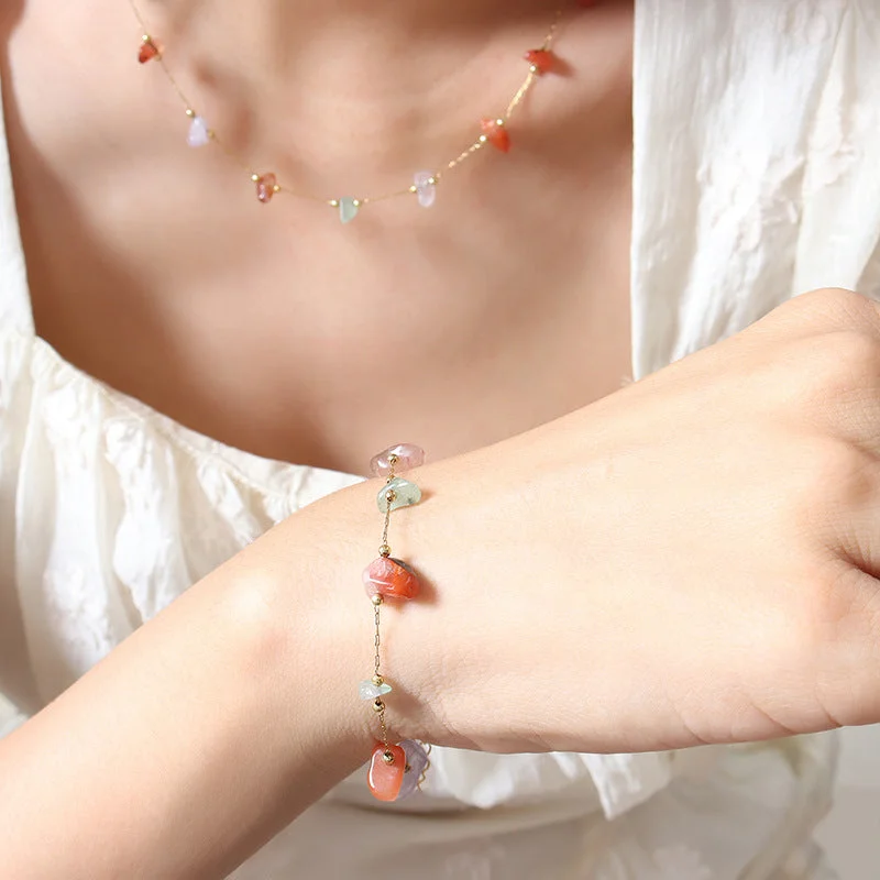 E337-Golden Colorful Natural Stone Bracelet-15+5cm