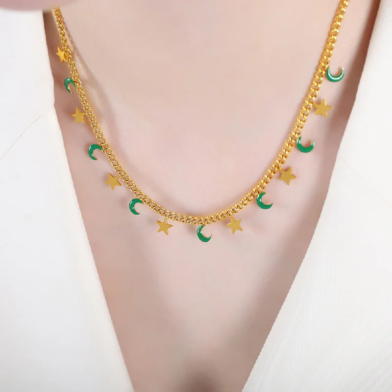 P1498-Green Dripping Oil Gold Necklace-40+5cm