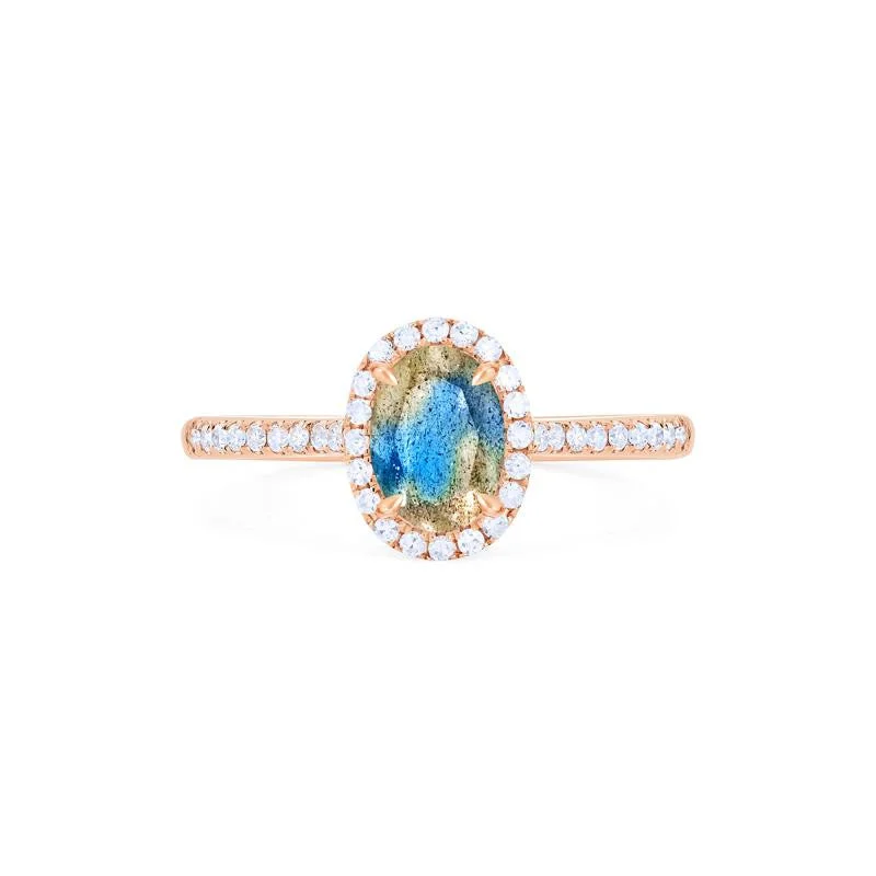 engagement rings with diamonds and sapphires for women-[Lenora] Petite Oval Halo Diamond Ring in Labradorite