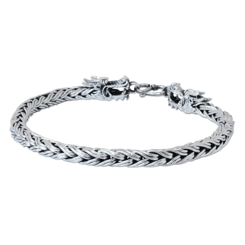 customized cuff bracelets for women-Handmade Men's Sterling Silver 'Brave Nagas' Bracelet (Thailand)