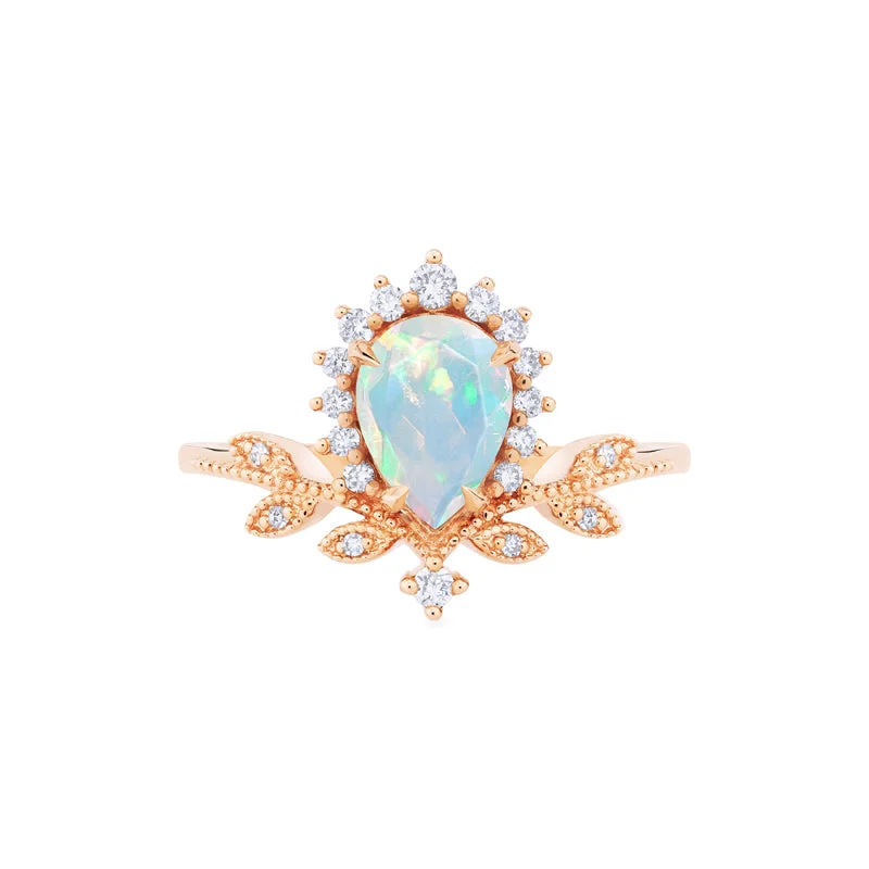 diamond engagement rings with oval center stones-[Isadora] Vintage Woodland Queen Pear Engagement Ring in Australian Opal