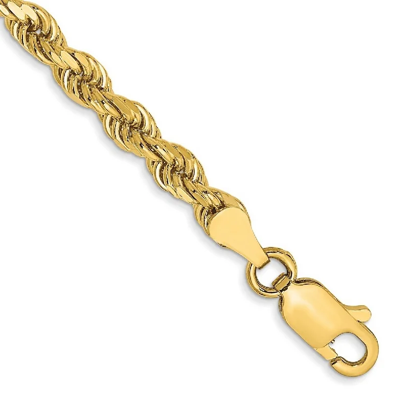 monogram bracelets for women-Curata 10k Yellow Gold Unisex 3.5mm Semi Solid Diamond Cut Rope Chain Bracelet Options: 7" 8" 9"