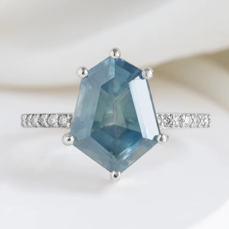 engagement rings with diamonds and multi-stone settings-The Willow Luxe | 3.98ct Geometric Sapphire in 18K White Gold