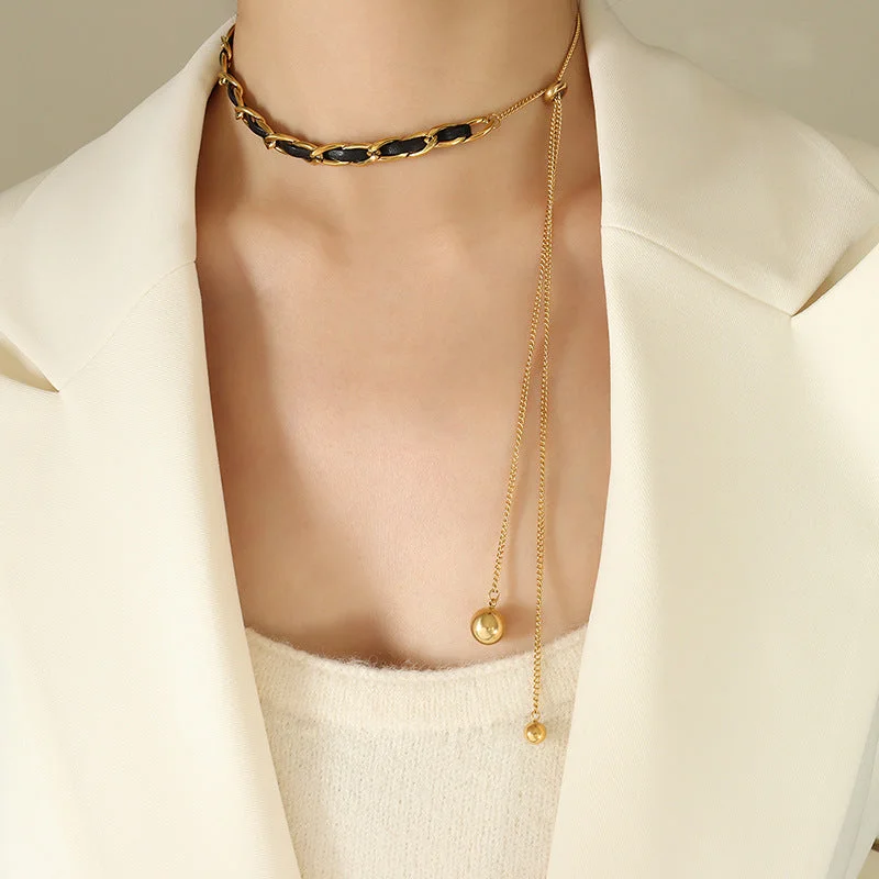 P925-Golden Pull Leather String Necklace-Total Length 66cm