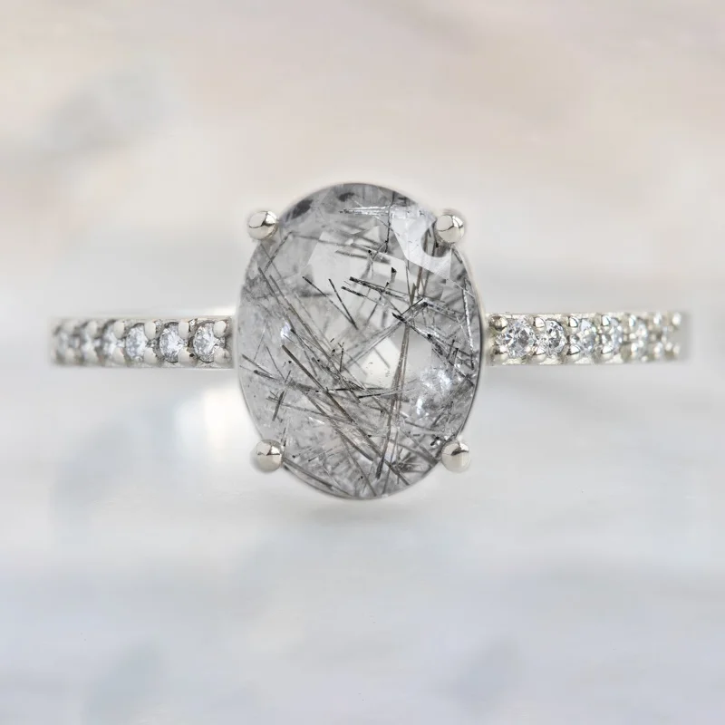 stunning diamond engagement rings with side stones for women-The Willow Ring | 1.56ct Oval Tourmaline in Quartz in 14K White Gold