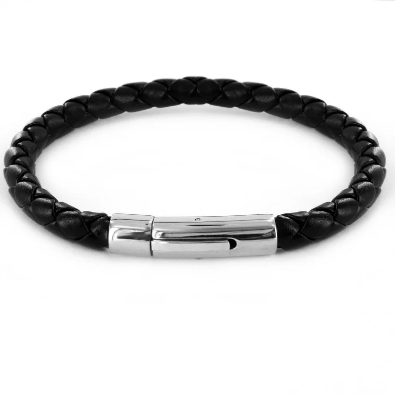 adjustable charm bangles for women-Men's Black Leatherette and Steel Clasp Braided Cuff Bracelet