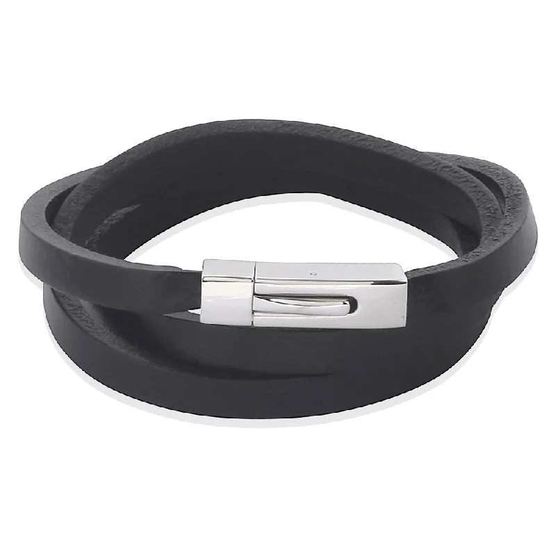 floral bracelets for women-Men's Stainless Steel Black Leather Wrap Bracelet