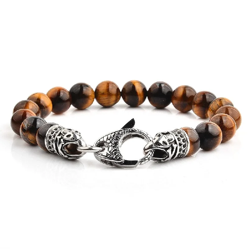 charm bracelets for women-Men's Antiqued Stainless Steel Polished Tiger's Eye Beaded Bracelet (10mm) - 8.5"