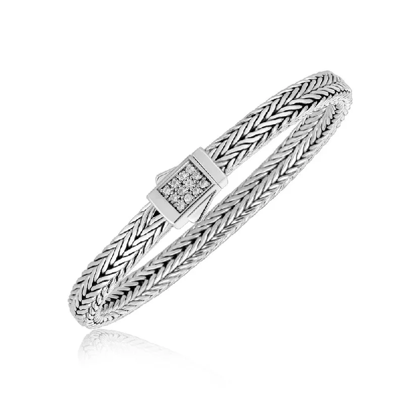 handmade bangle bracelets for women-Sterling Silver Braided Style Men's Bracelet with White Sapphire Embellishments