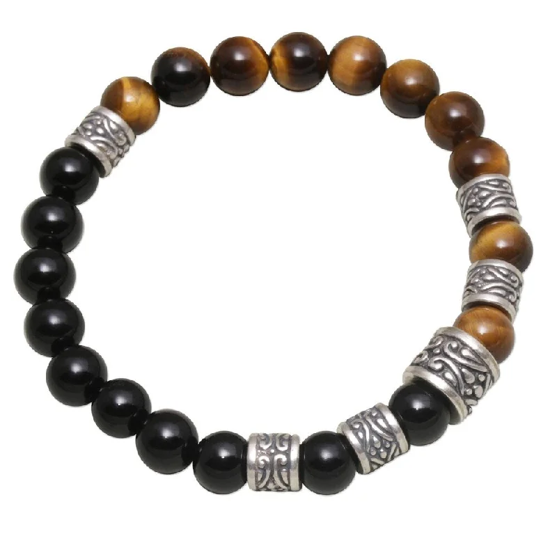 handmade gemstone bracelets for women-Handmade Sterling Silver Batuan Renaissance Tiger's Eye Onyx Bracelet (Indonesia)