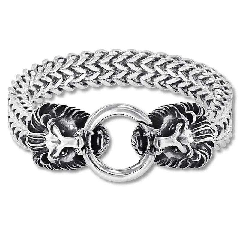 silver bangles for women-Antiqued Stainless Steel Lion Heads Franco Chain Bracelet - 8.5"…