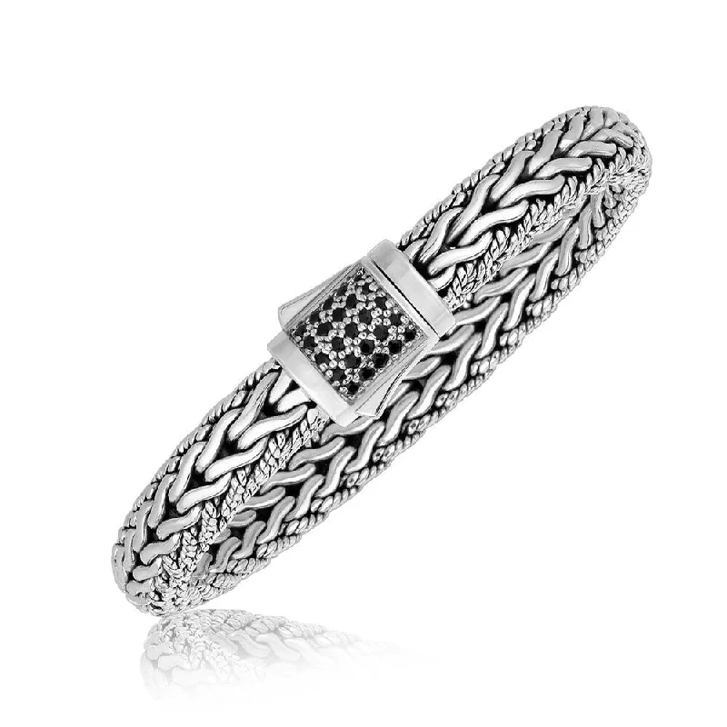 simple cuff bangles for women-Sterling Silver Braided Black Sapphire Adorned Men's Bracelet