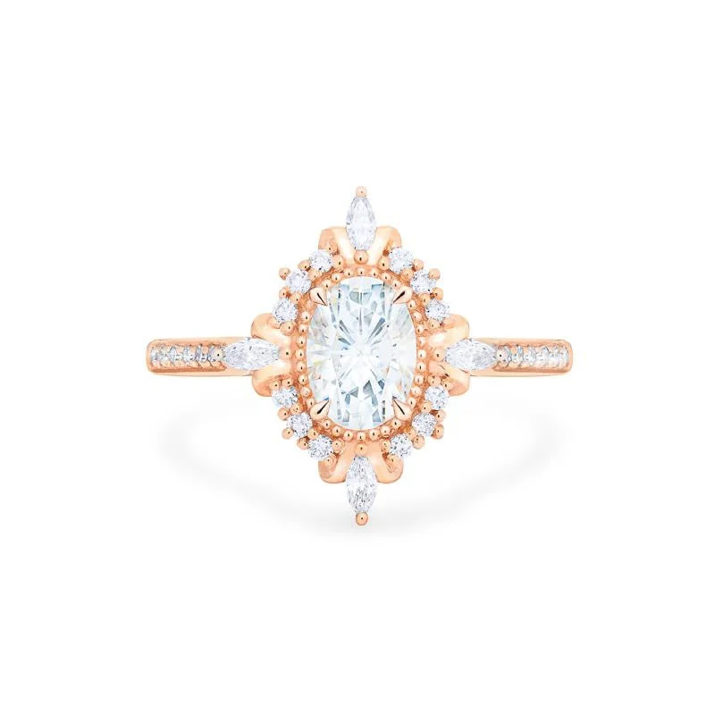 affordable engagement rings with halo diamonds-[Alessandra] Art Deco Oval Cut Engagement Ring in Diamond / Moissanite