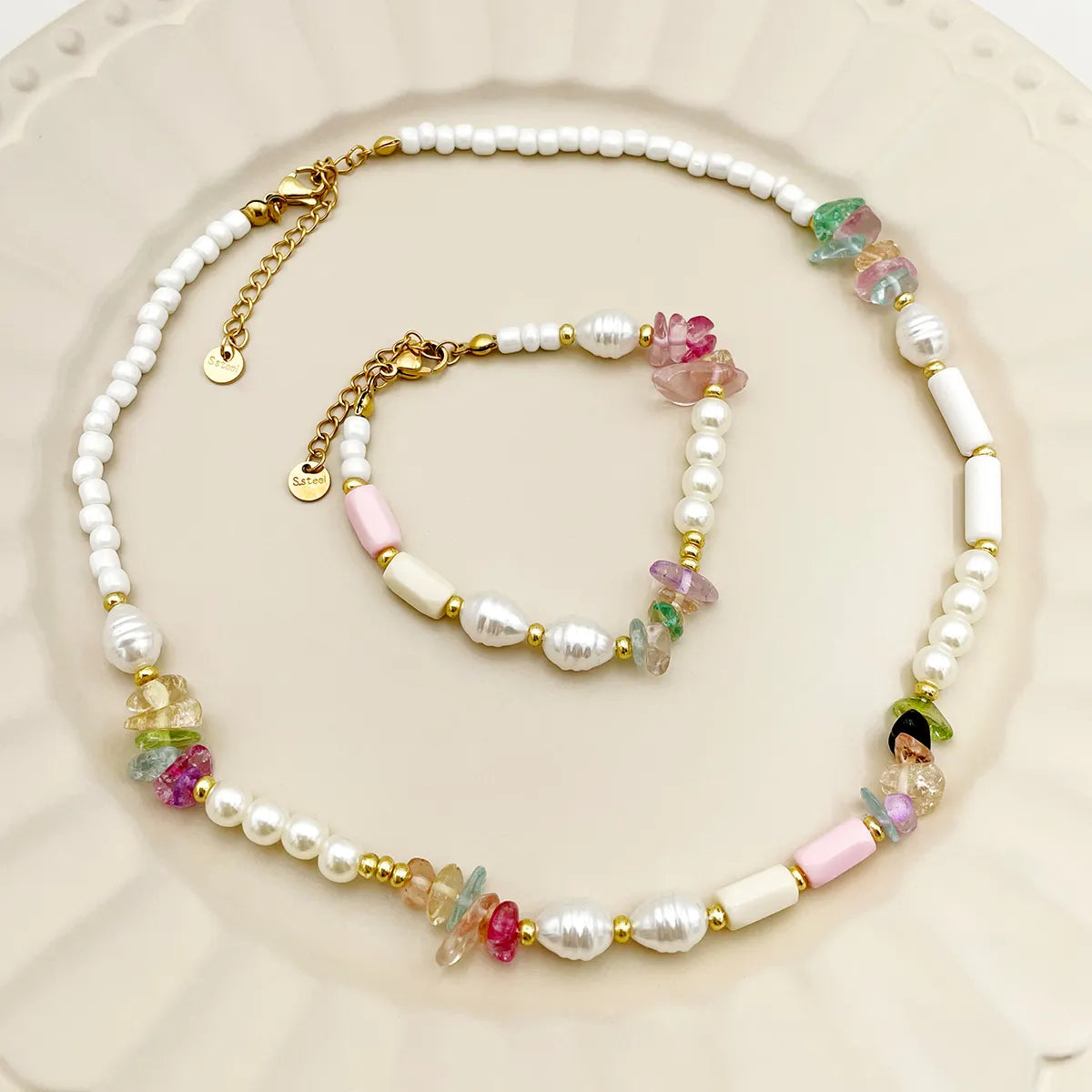 luxurious bangles for women-Roman Style Commute Colorful Gold Plated Natural Stone Crystal Pearl 304 Stainless Steel Beaded Wholesale Bracelets Necklace