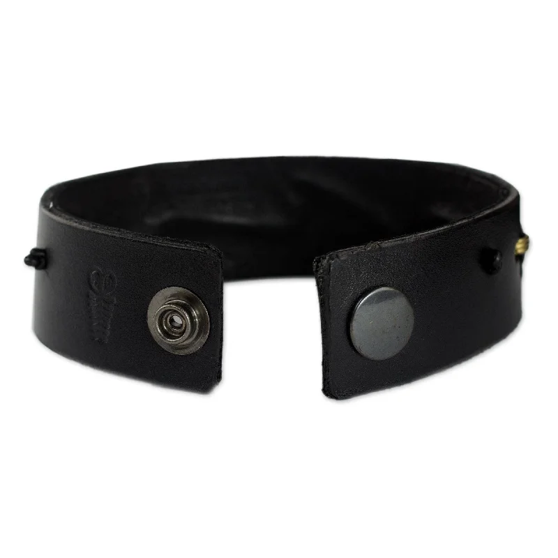 crystal bracelets for women-Leather Men's 'Hide and Seek in Black' Wristband Bracelet (Ghana)