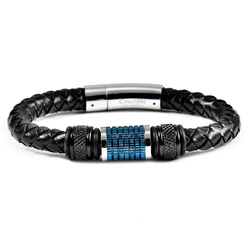 sterling silver bracelets for women-Men's Stainless Steel Beads Black Leather Bracelet (8mm) - 8.25"