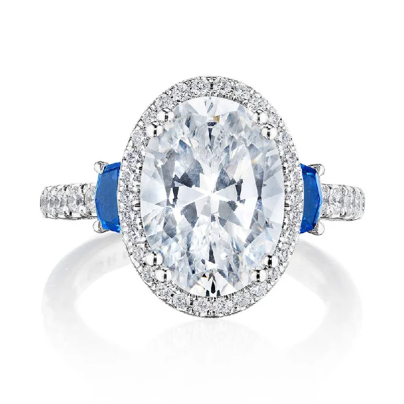 engagement rings with radiant diamonds and round cut sapphires-Oval 3-Stone Engagement Ring with Blue Sapphire