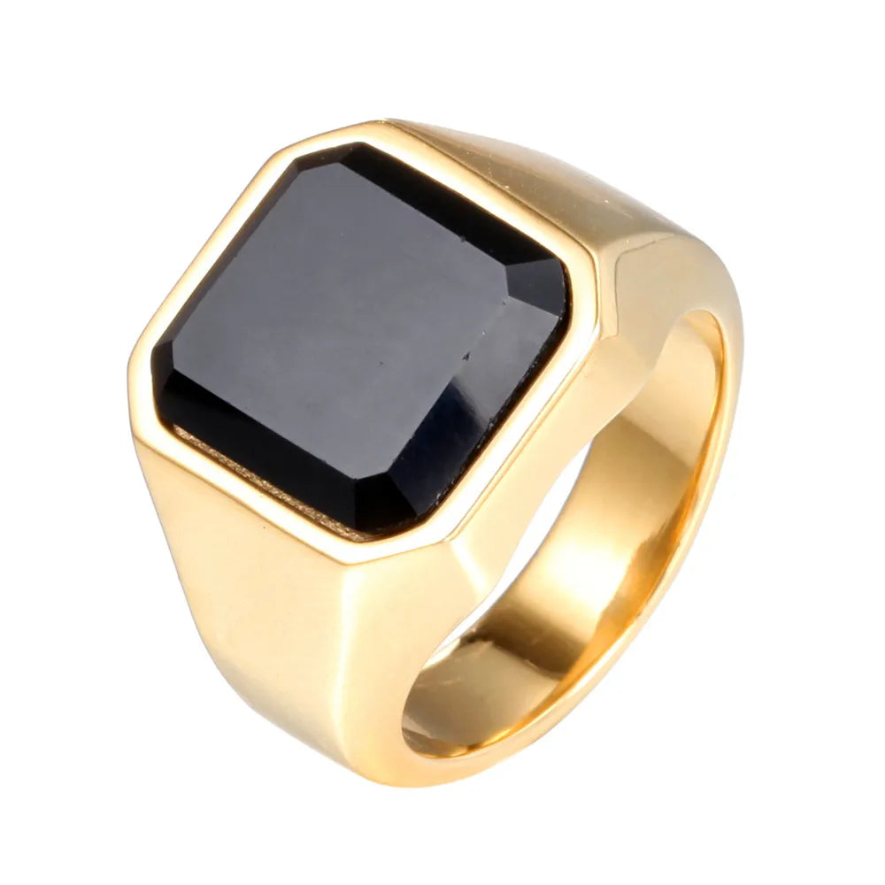 gold wedding bands for women-Retro Punk Square Stainless Steel Inlay Gem Unisex Wide Band Rings