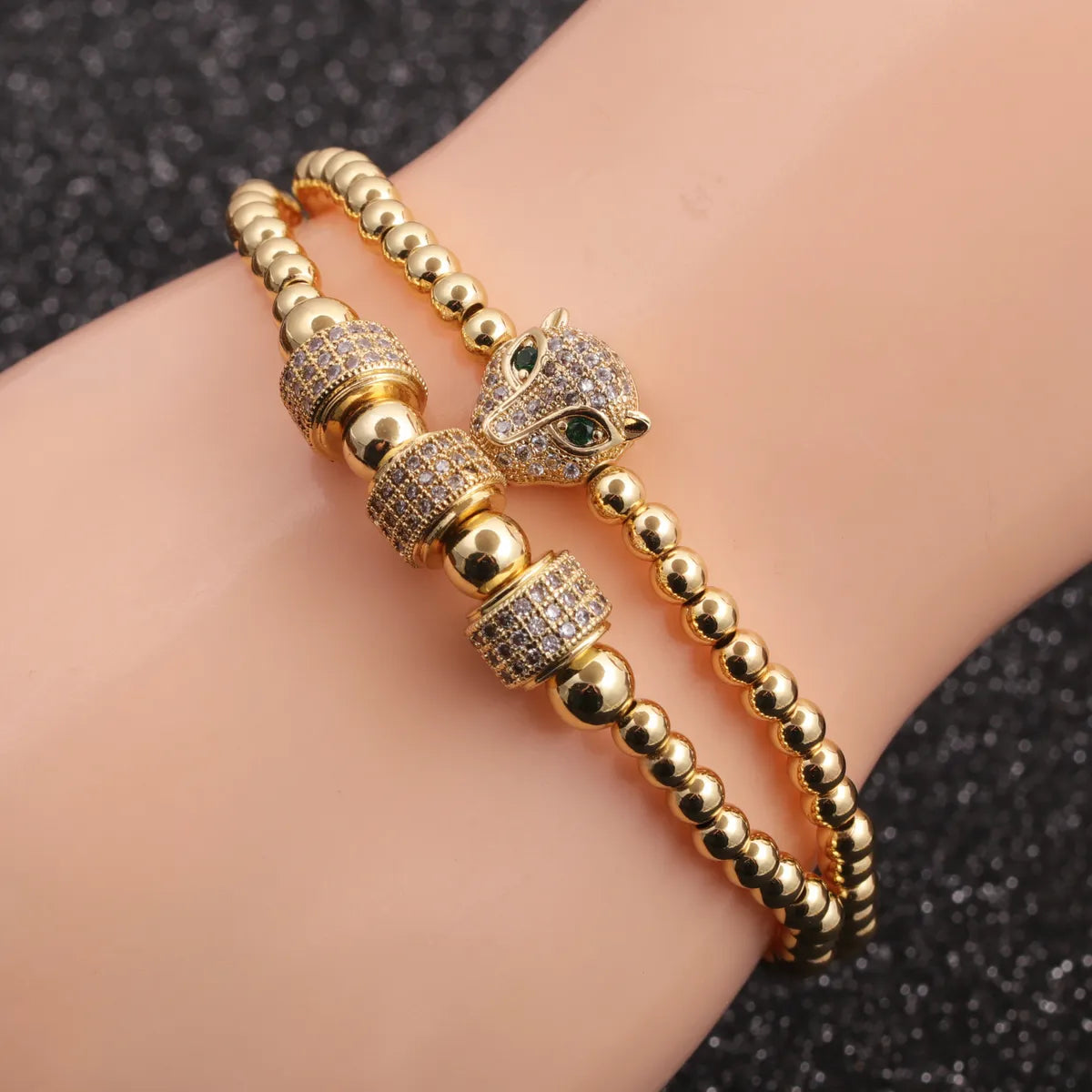 trendy charm bangles for women-New Leopard Head Crown Micro-inlaid Leopard Head Wheel Copper Men's Bracelet Set