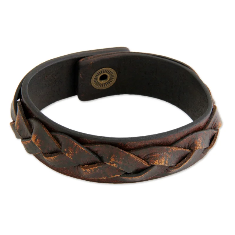 radiant gemstone bangles for women-Men's Distressed Leather Bracelet, 'Sumatra Journeys' (Indonesia)