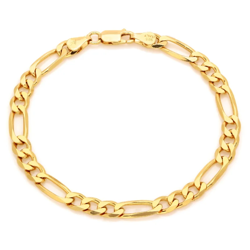 thin bracelets for women-Yellow Gold Plated Silver 7 mm Beveled Figaro Bracelet (7-9 Inch)