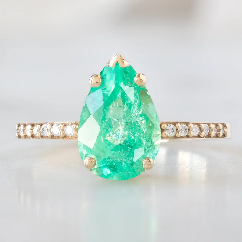 personalized engagement rings for women-The Willow Ring | 1.47ct Pear Emerald in 14K Yellow Gold