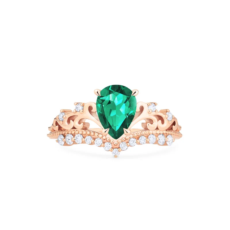 classic engagement rings with oval diamonds for women-[Francesca] Heirloom Crown Pear Engagement Ring in Emerald