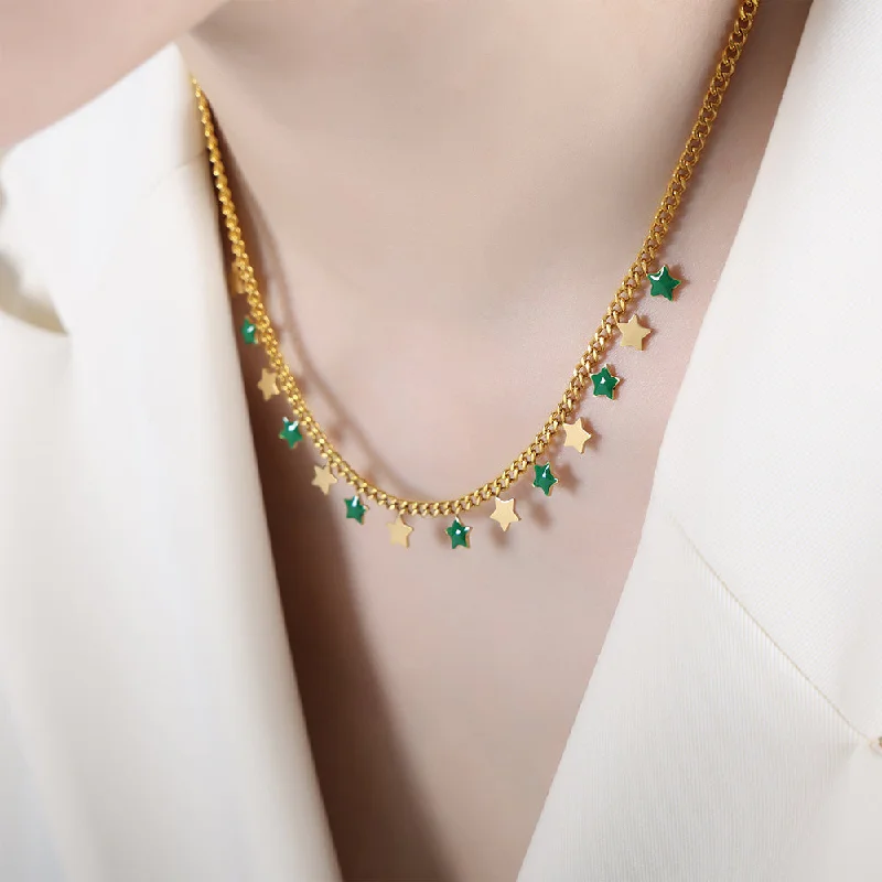 P1499-Green Dripping Oil Gold Necklace-40+5cm