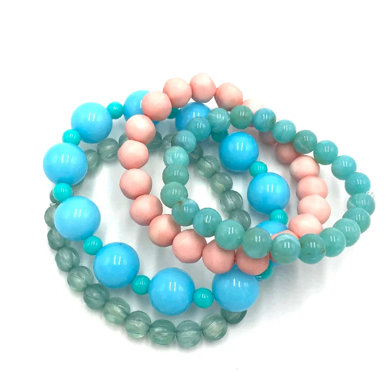 handmade charm bracelets for women-Peach & Turquoise Stack and Stretch Bracelets Set