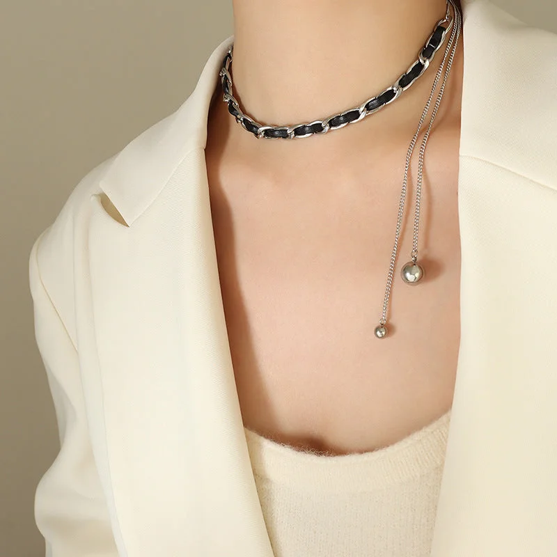 P925-Steel Color Pull Leather String Necklace-Total Length 66cm