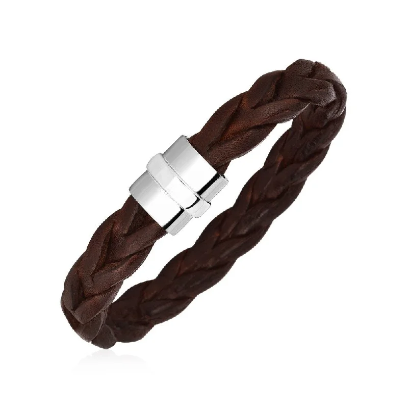 two-tone bangles for women-Wide Braided Brown Leather Bracelet with Sterling Silver Clasp