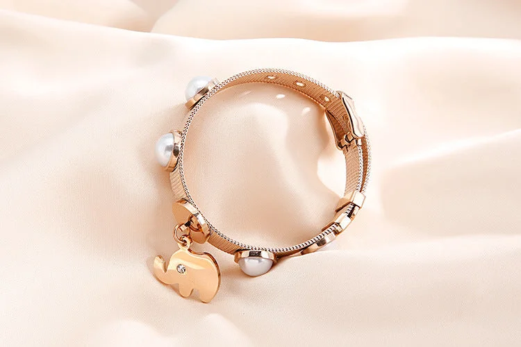 adjustable bangle bracelets for women-New Stainless Steel Shell Pearl Jewelry Plating 18k Bear Bracelet