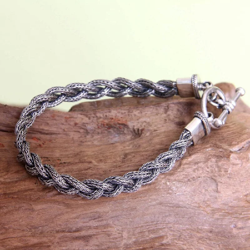 unique silver bangles for women-Handmade Sterling Silver Men's Naga Braid Bracelet (Indonesia)