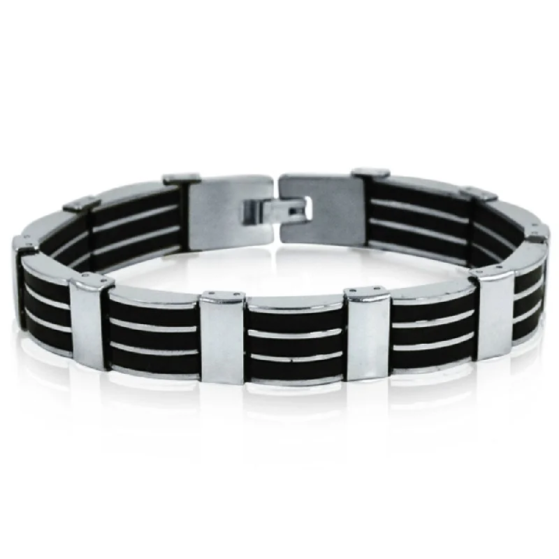 fashion bangles for women-Oxford Ivy Men's Stainless Steel 3-Row Black Rubber Bracelet 8 1/4 inches