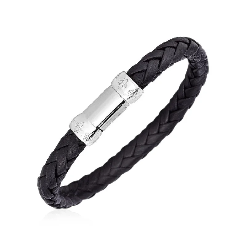 simple chain bracelets for women-Braided Black Leather Bracelet with Sterling Silver Clasp